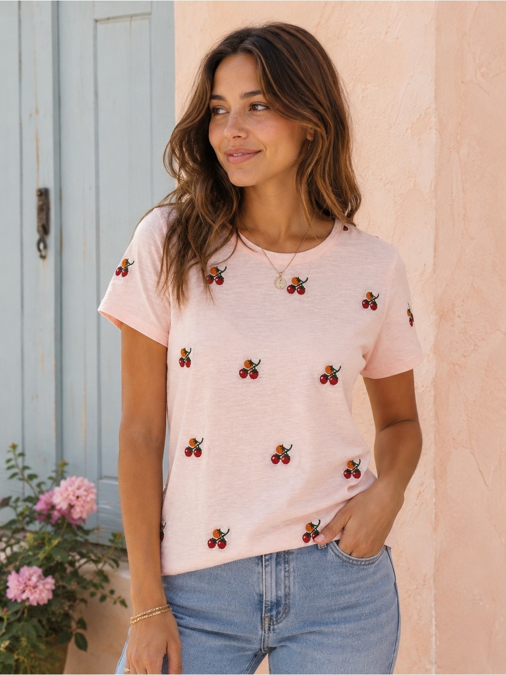 NWT Lucky Brand Womens Pink Embroidered Tomato Tee Medium